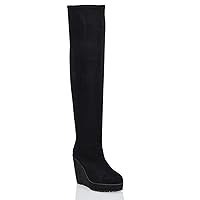Womens Synthetic Stretch Over The Knee Thigh High Platform Wedge Heel Boots