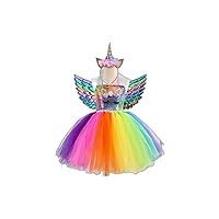 Kids Little Girls' Dress 3 Pcs Unicorn Rainbow Patchwork Birthday Party Sequins Light Blue 3-4 Years