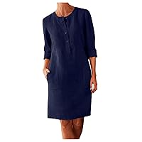 A-Line Y2K Dress for Women Button Down Slimming Retro Bodycon Top Boho Vintage Birthday Round Neck Linen Modest