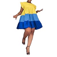 Womens Sexy Ruffles Sleeve O Neck Colorblock Ruched Party Clubwear Shirts Dress