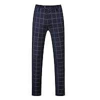 Men's Checked Plaid Modern Fit Trousers, Casual Business Wedding Dinner Flat Front Pants