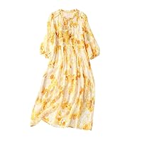 Orange Mulberry Silk Long Dress Women's Short Sleeve Printed Strappy Holiday Dress Summer