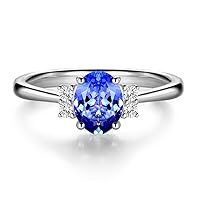 Succinct 14K White Gold Natural Gemstone Tanzanite and Diamond Accented Promise Wedding Band Ring Set