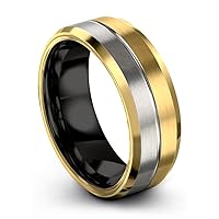 Tungsten Wedding Band Ring 8mm for Men Women Bevel Edge 18K Yellow Gold Black Grey Center Line Brushed Polished