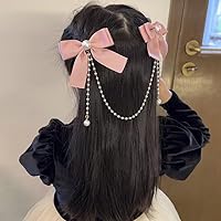 Hair Bow Accessories for Girls Women Pink Hair Bow with Pearls Tassel Ribbon Bow Hair Clips Small Silk Hair Bows for Women Bow Decor Hair Clip Satin Bowknot Hair Clips Head Clips for Women's Hair