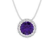 1.25 ct Round Cut Natural Amethyst Pave Halo Solitaire Pendant Necklace With 16