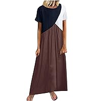 Women's Loose Fit Linen Casual Color Block Maxi Dress Short Sleeve Crew Neck Flowy Hem Summer Beach Long Dress