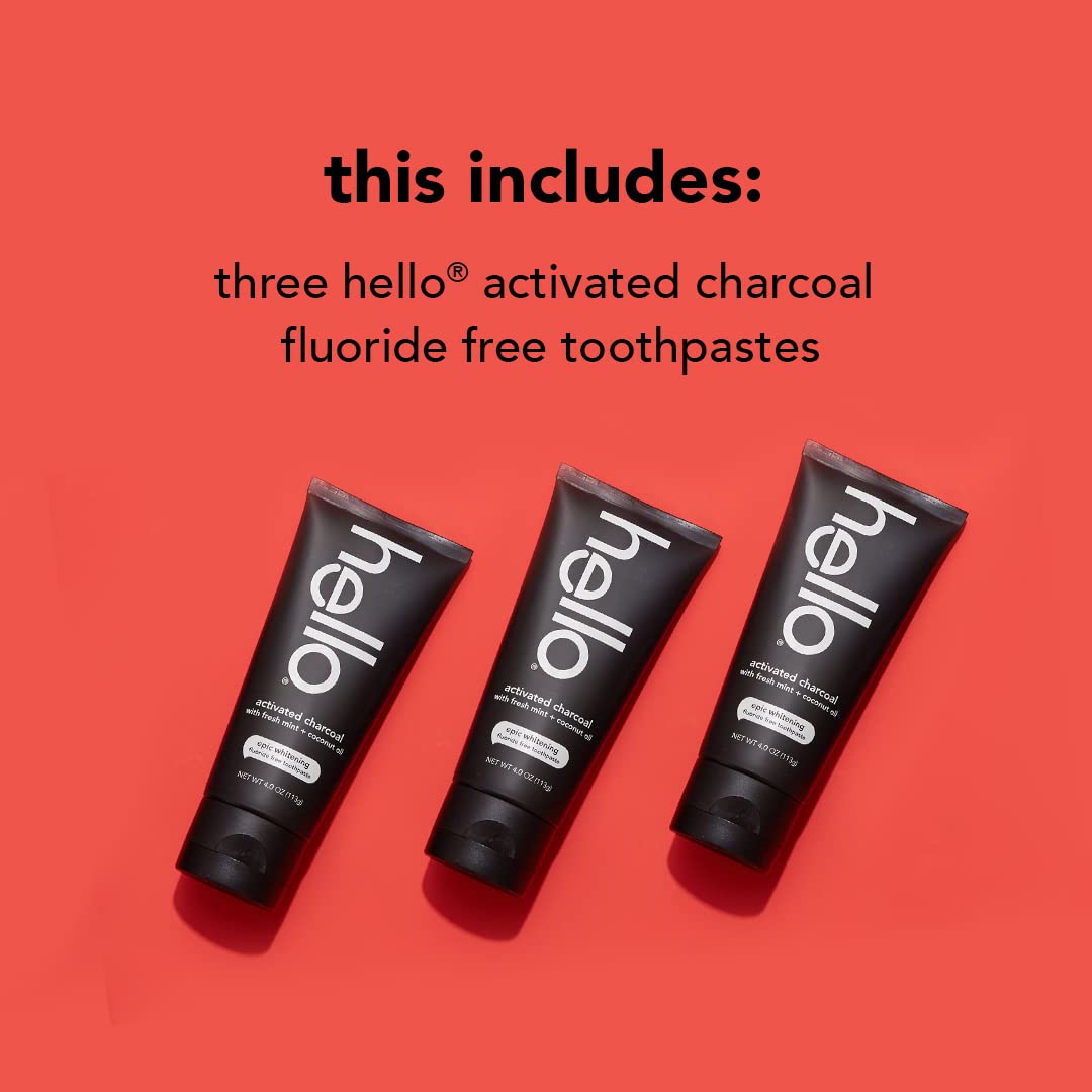 Hello Activated Charcoal Toothpaste, Fluoride Free Toothpaste with Activated Charcoal, Teeth Whitening Toothpaste with Fresh Mint and Coconut Oil, No SLS, Vegan, Gluten Free, 3 Pack, 4 OZ Tubes