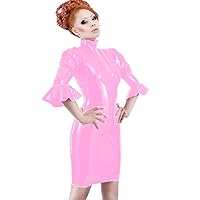 24 Colors Gothic PVC Mini Dress Sexy Lady Half Flare Sleeve Dress (Pink,4XL)