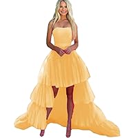 High Low Prom Dresses Strapless Neckline Tiered Evening Gowns A Line Tulle Sweep Train Pleated Formal Dress
