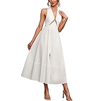 Women Sleeveless Cutout Halter Deep V-Neck Split White Dress Formal Party Cocktail Maxi Dresses