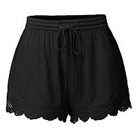 Women's Cotton Linen Lace Trim Comfy Shorts Rope Tie Popular Summer Trendy Breathable Solid Color Twill Short Shorts