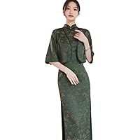 Green Qipao Retro Women 2Pcs Dress Shawl Mandarin Collar Embroidery Cheongsam Party Prom Forked Clothes