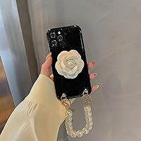 Camellia Holder Stand Pearl Bracelet Silicone case for iPhone 12 Pro Max 11 Pro Mini XR X XS Max 7 8 Plus SE Back Cover,Black,for iPhone 12 Pro