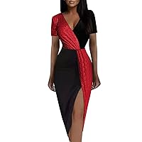 Summer Dresses for Women 2024 Short Casual,Ladies Sexy Cocktail Party Colorblock Sequined Waist Dress Cocktail