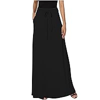 Womens Lace Up Maxi Skirt with Pockets Solid Color Elegant Summer Long Skirt High Waist Stylish Flowy A-Line Skirts
