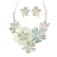 Pastel Green Flower Cluster V shape Necklace and Stud Earrings Set In Silver Tone - 42cm L/ 9cm Ext - Gift Boxed