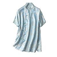 Women Mulberry Silk Shirts Stand Collar Short Sleeved Blouses Button Office Lady Loose Shirts