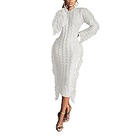 Vaceky Women's Fringe Sweater Dress Plus Size Fall Cable Knit Crewneck Long Sleeve Loose Casual Midi Dress