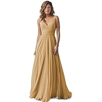 Ruched Chiffon Bridesmaid Dresses Long for Women V Neck Formal Wedding Party Dress