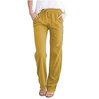 Women Casual Linen Pants Straight Leg Pants High Waisted Beach Pants Drawstring Relaxed Fit Sweatpants with Pockets