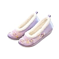Glossy Fabric Winter Women Warm Faux Fur Lining Slip On Platform Flats Vintage Comfortable Embroidered Shoes