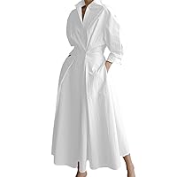 Women's Long Sleeve Casual Swing Elastic Waist Hem Dresses Cotton Linen Shirt Dress T-Shirt Dresses with Pockets