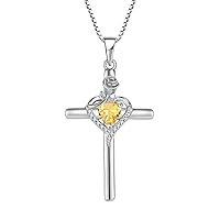 FJ Cross Necklace for Women 925 Sterling Silver Birthstone Rose Flower Necklace Jewellery Gifts for Women Mom Wife Girls Her