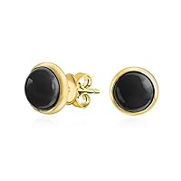 Traditional Classic 7x9 MM Gemstone Black Onyx Blue Turquoise Amber Bezel Set Dome Button Oval Stud Earrings For Women 14K Gold Plated .925 Sterling Silver
