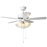 42 Inch Indoor Ceiling Fan with Pull-chain and Three LED Light Bulbs Base, Traditional 3-Speeds Reversible Blades Ceiling Fan (White)