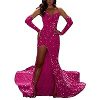 Sequin Mermaid Evening Dresses with Sleeves Detachable Sparkly Prom Dresses with Slit Homecoming Dresses Long