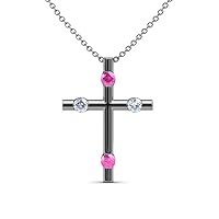 Petite Pink Sapphire & Natural Diamond Half Bezel Cross Pendant 0.18 ctw 14K Gold. Included 16 Inches 14K Gold Chain.