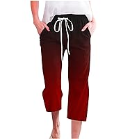 Cotton Linen Capri Pants for Women 2024 Summer Casual Gradient Cropped Pants Drawstring Elastic Waist Straight Leg Capris