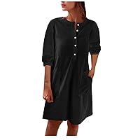 Women's Casual Summer T Shirt Dress Loose 3/4 Sleeve Button Down Tunic Dress Linen Dresses with Pockets for Women