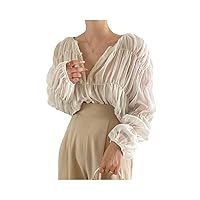 Loose Casual Blouse Women Summer Slim Pleated Chiffon Shirt Folds Perspective Long Sleeve Tops s1 Beige M
