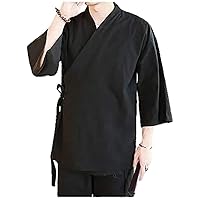 Men' Chinese Style Cardigan Loose Kimono Solid Self-tie Traditional Clothing