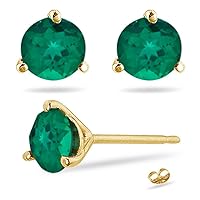 May Birthstone - Lab Created Round Emerald Three Prong Stud Earrings in 14K Yellow Gold Availabe in 3mm - 8mm