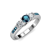Round Blue Diamond & Diamond Women Three Stone Engagement Ring with Blue Diamond on Side Bar 0.79 ctw 14K Gold