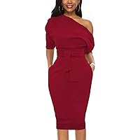 Elegant Womens Wear to Work Casual one Shoulder Belted Pencil Dress with Pockets