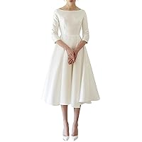 A-Line Simplicity Reception Dresses Scoop Neck 3/4 Length Sleeve Tea Length Wedding Dress with Appliques 2024