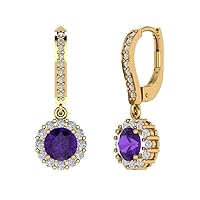 3.55 ct Round Cut Conflict Free Halo Solitaire Natural Amethyst Designer Lever back Drop Dangle Earrings 14k yellow Gold