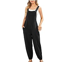 YZHM Womens Casual Fall Jumpsuits Long Pants Suspender Rompers with Pockets Sleeveless Linen Overalls Solid Loose Jumpers