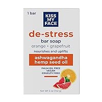 Kiss My Face De-Stress Bar Soap - Orange + Grapefruit - Vegan Soap Bar with Hemp Seed Oil - Cruelty Free and Palm Oil Free Bath Soap (Orange + Grapefruit, Pack of 1)