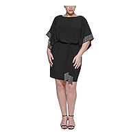 Jessica Howard Womens Black Stretch Embellished Belted Keyhole Back Button Closure Elbow Sleeve Boat Neck Above The Knee Wear to Work Sheath Dress Plus 18W