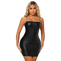 Women's Dress Dresses for Women Solid PU Leather Cami Dress (Color : Black, Size : Small)