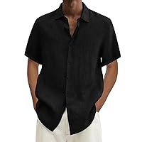 Men's Summer Casual Cotton Linen Short Sleeve Shirts Lightweight Loose Soild Button Down Shirt Vacation Beach Shirts