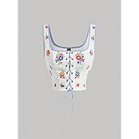 Women's Shirts Women's Tops Shirts for Women Floral Print Lace Up Front Tank Top (Color : Multicolor, Size : Large)