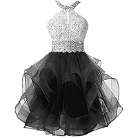 Women's Halter Crystal Beaded Homecoming Dress Tiered Tulle Short Cocktail Party Gowns