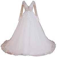Elegant A line Wedding Dress Long Sleeve Lace Applique Bride Dress lace up with Long Train AL-VL-240117