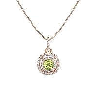 1.10 ctw Cushion Shape Created Peridot & Cubic Zirconia 925 Sterling Sliver Halo Pendant Necklace Gifts for Women's/Girls 14K Gold Plated